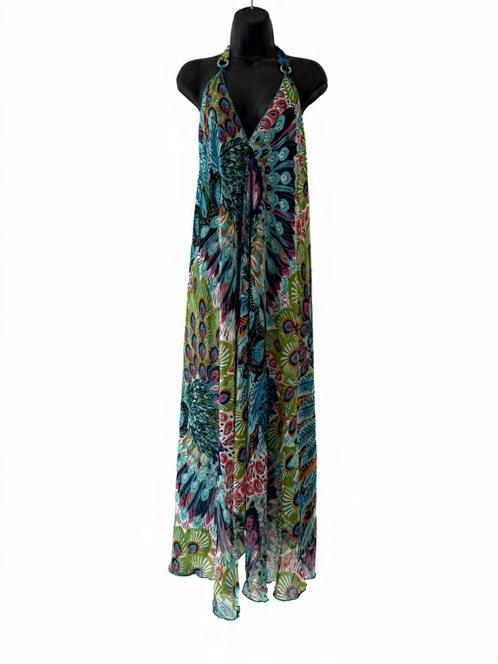 Peacock-Print Halter Swim Cover-Up